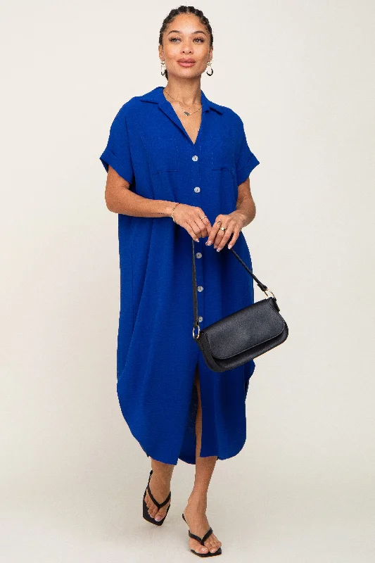 Royal Blue Button Down Hi Low Maxi Dress Cozy Knitted Maxi Dress