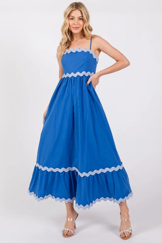 Royal Blue Contrast Wavy Trim Maxi Dress Stylish Empire Waist Maxi Dress