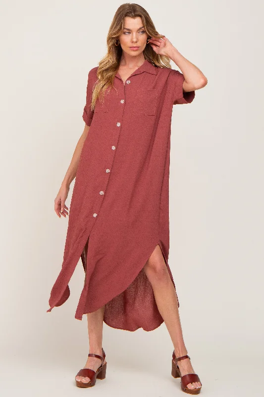 Rust Button Down Hi Low Maxi Dress Cozy Maxi Dress with Slit