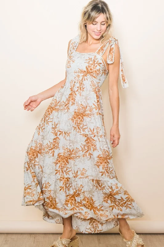 Rust Crochet Trim Floral Maxi Dress Stylish A-Line Maxi Dress