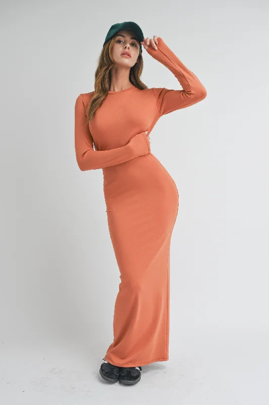 Rust Long Sleeve Fitted Maxi Dress Stylish One-Shoulder Maxi Dress