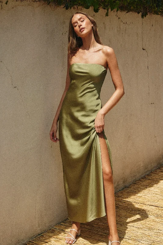 Sage Olive Strapless Bias Cut Maxi Dress Stylish A-Line Maxi Dress