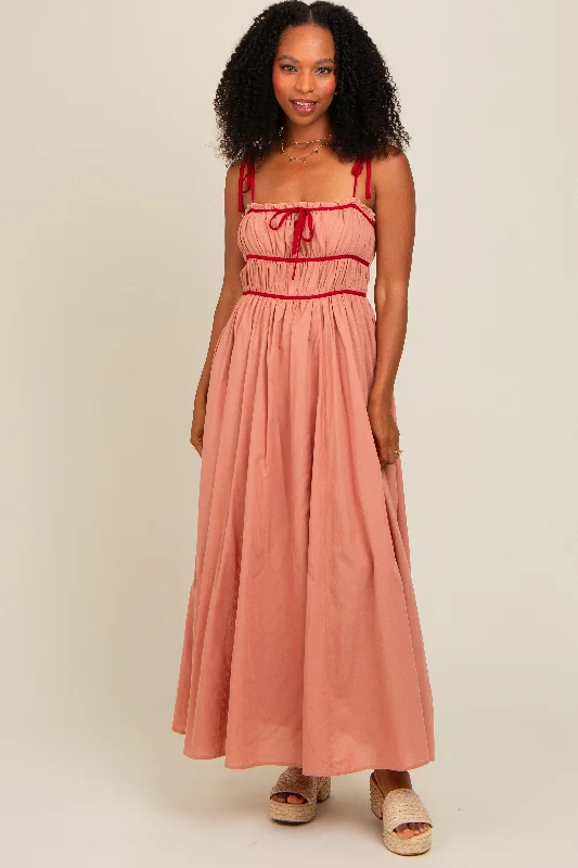 Salmon Contrast Ribbon Trim Maxi Dress Chic Summer Floral Maxi Dress