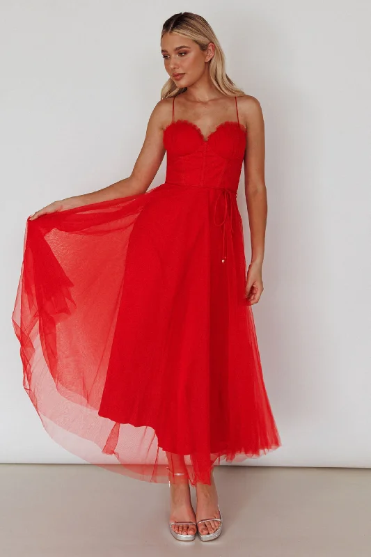 Smitten Sweetheart Neckline Chiffon Midi Dress Red Stylish Off-Shoulder Ruffle Dress