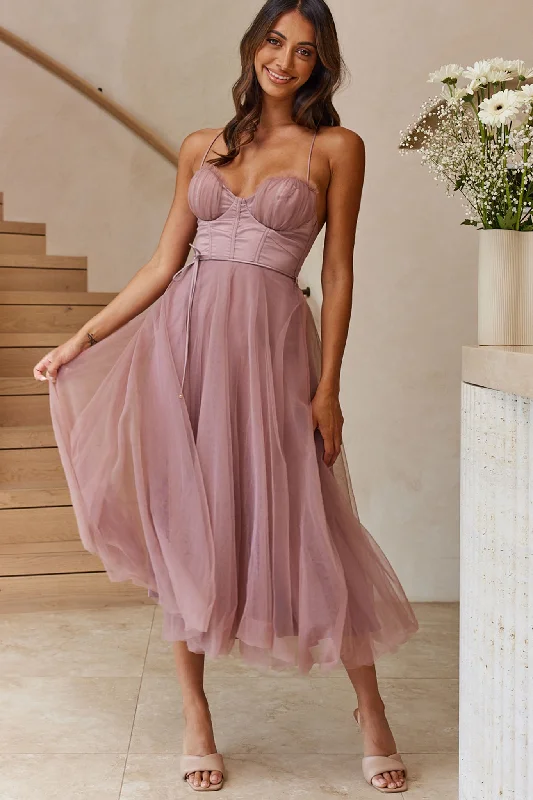 Smitten Sweetheart Neckline Chiffon Midi Dress Rose Fashionable Off-Shoulder Dress Midi