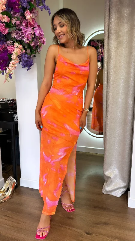 Stacie Orange & Pink Tie-Dye Print Midi Dress Stylish Pleated Skirt Midi Dress