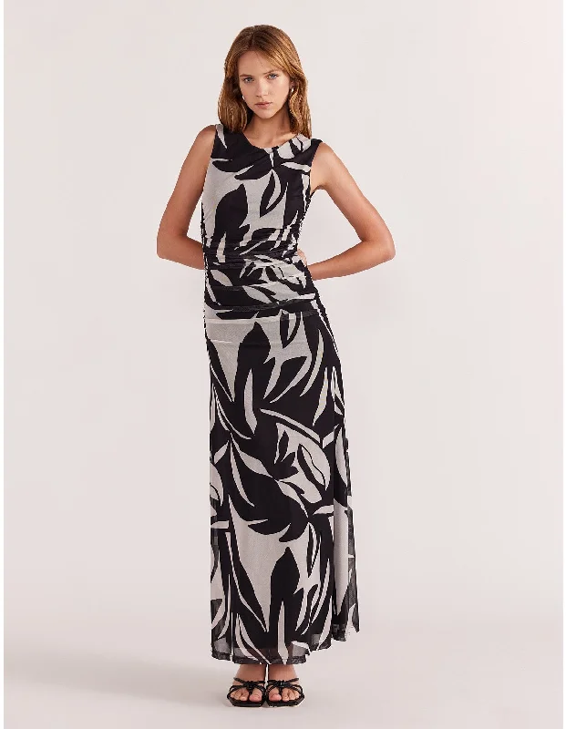 STAPLE THE LABEL SOL MESH MAXI DRESS BLACK/CREAM Comfortable Pleated Maxi Dress
