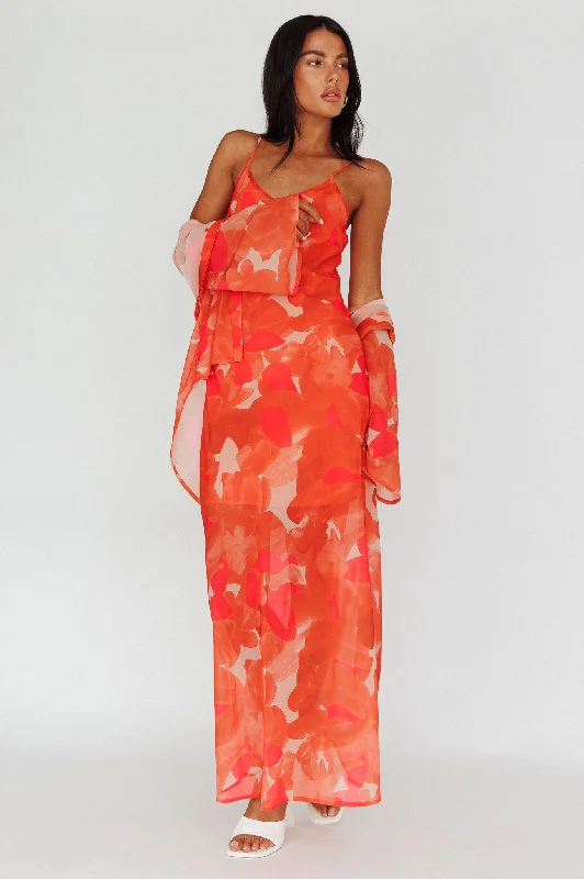 Stasi Cami Strap Midi Dress Floral Orange Trendy Smocked Waist Midi Dress