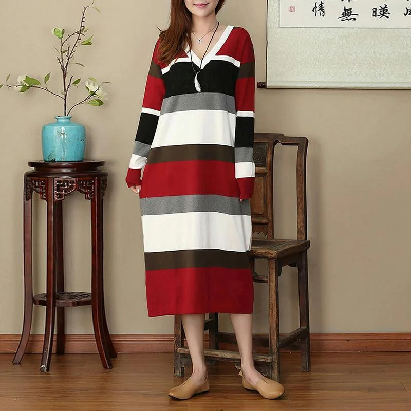 Stylish Red White Striped Oversize V Neck Caftans New Long Sleeve Slim Flattering Maxi Dresses Fashionable Sheer Maxi Dress