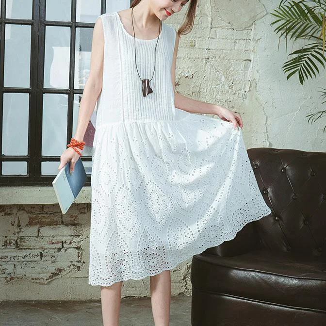 stylish white linen dresses trendy plus size linen maxi dress Fine hollow out sleeveless cotton dresses Stylish Maxi Dress with Frills