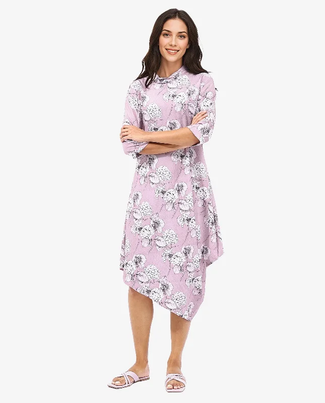 Rareism Women Sullivio Dusky Pink 3/4Th Sleeve High Neck Zipper Relaxed Fit Floral Print Midi Dress Classic Black Midi Dress