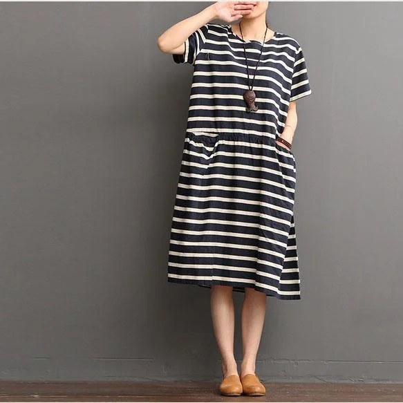 summer linen dresses plus size pockets sundress striped short sleeve maxi dress Comfortable Ruffle Hem Maxi Dress