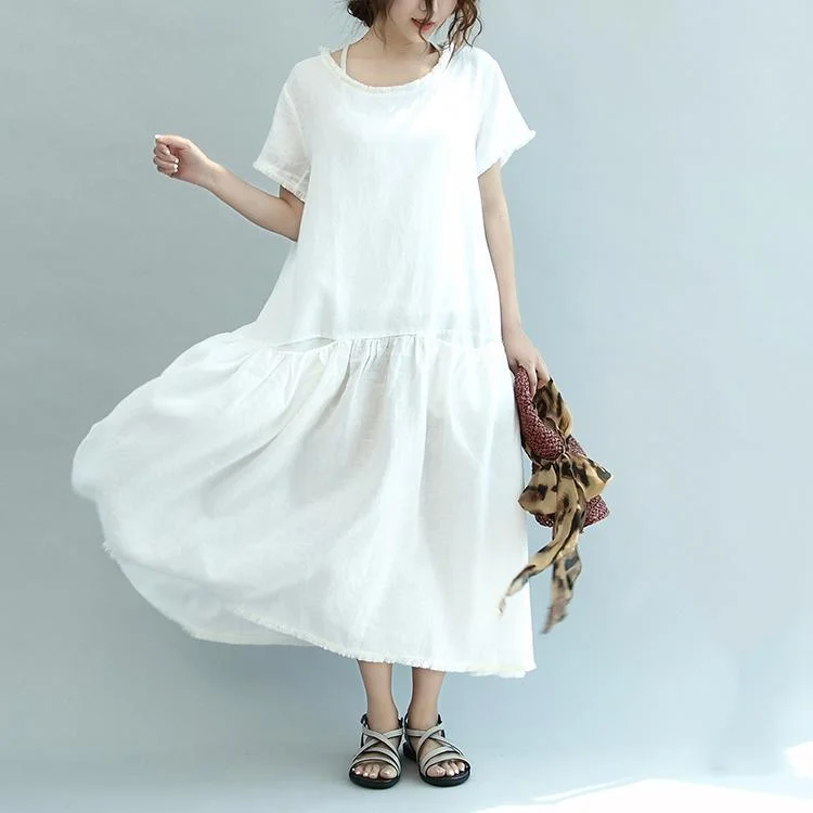 Summer Linen Dresses White Casual Oversize Sundress Short Sleeve Maxi Dress Comfortable Maxi Dress with Belt