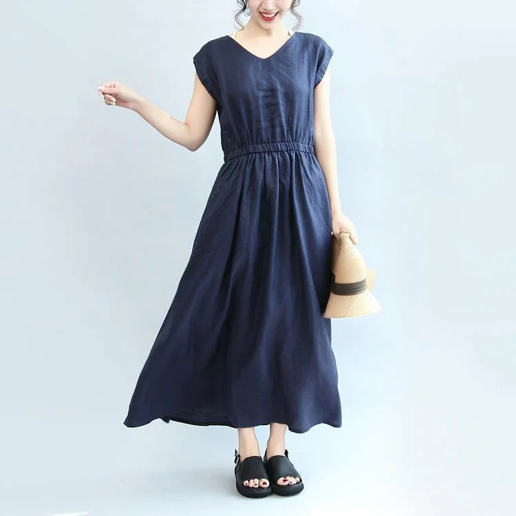 summer navy casual linen sundress plus size women dresses slim v neck maxi dress Fashionable Layered Maxi Dress