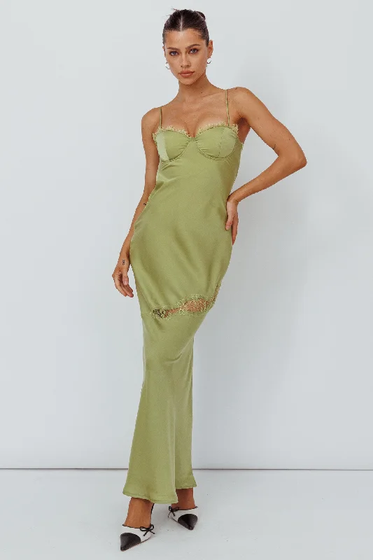 Sweet Talker Lace Trim Midi Dress Lime Cozy Spaghetti Strap Midi Dress