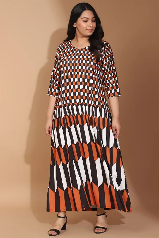 Tan Black Chevron Play Printed Maxi Dress Comfortable Plunging Neckline Maxi Dress