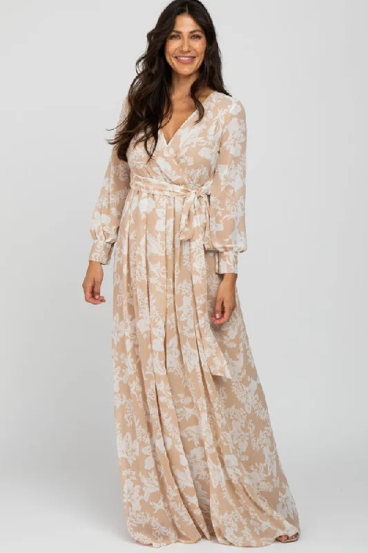 Taupe Floral Chiffon Maxi Dress Stylish V-Neck Maxi Dress