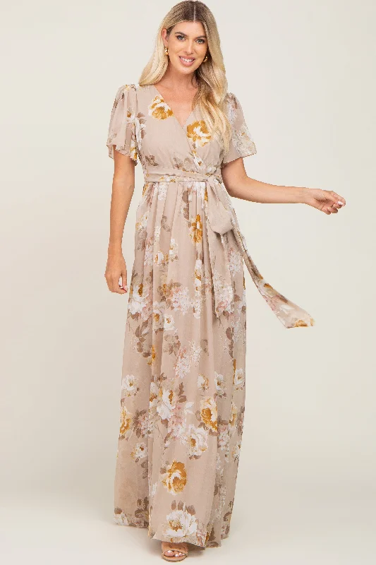 Taupe Floral Chiffon Wrap Short Sleeve Maxi Dress Elegant Lace Maxi Dress