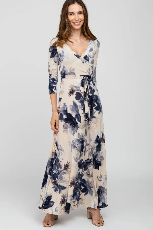 Taupe Navy Floral Wrap Maxi Dress Trendy Satin Maxi Dress