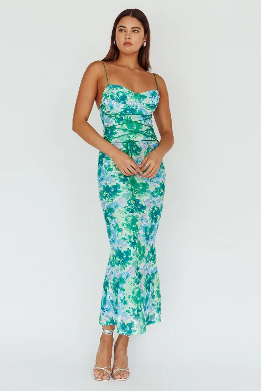 Teava Laced Waist Midi Dress Floral Green Elegant Velvet Midi Dress