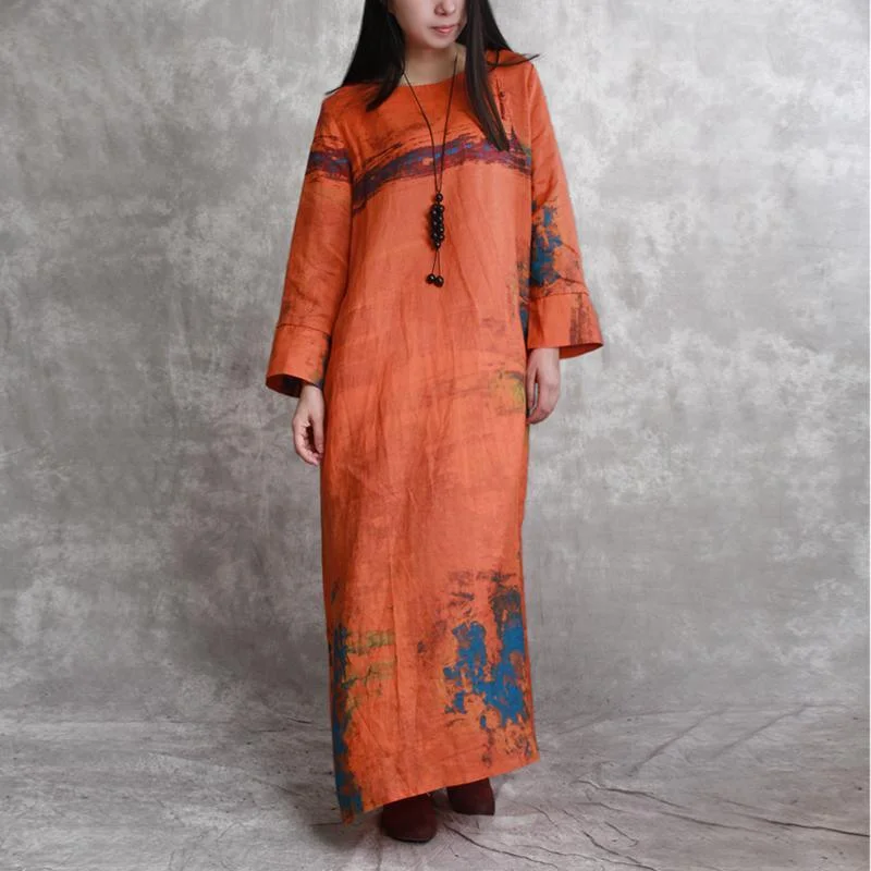 top quality orange linen maxi dress trendy plus size Chinese Button caftans boutique prints caftans Stylish Boho Chic Maxi Dress