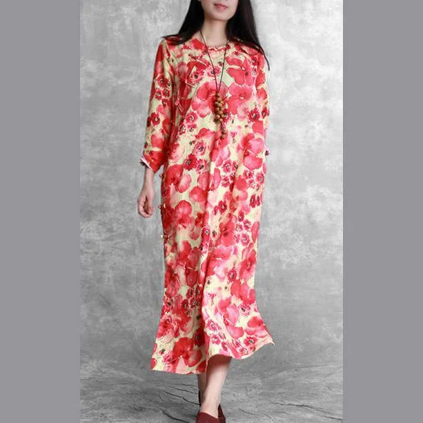 top quality red floral linen maxi dress trendy plus size side open long cotton dresses casual Chinese Button linen clothing dress Elegant Maxi Dress with Pockets