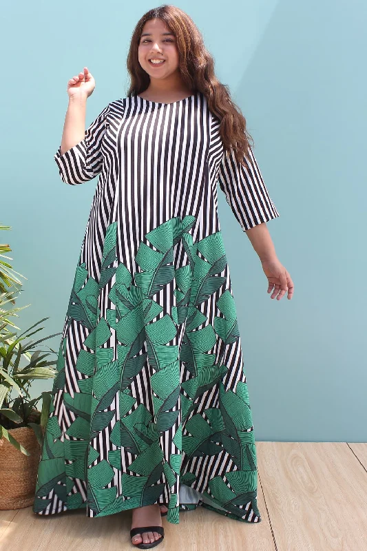 Tropical Leaf Stripe Printed Maxi Dress Elegant Maxi Dress with Belt