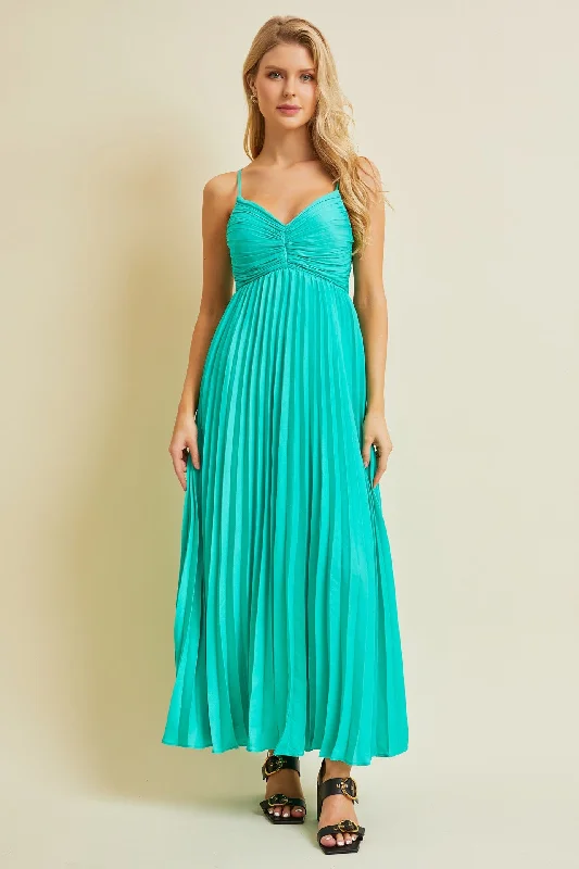 Turquoise Pleated Back Cutout Tie Maxi Dress Classic V-Neck Maxi Dress