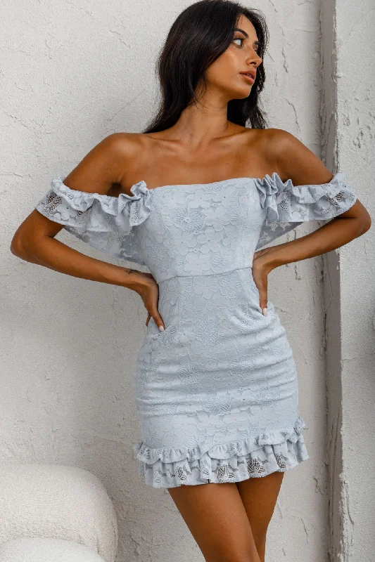 Verona Off-Shoulder Lace Overlay Mini Dress Blue Cozy A-Line Mini Dress