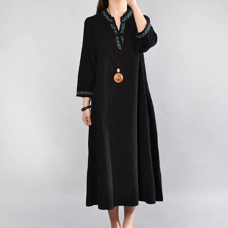 vintage black linen maxi dress plus size v neck cotton dresses New embroidery linen cotton dress Cozy Ruffle Sleeve Maxi Dress