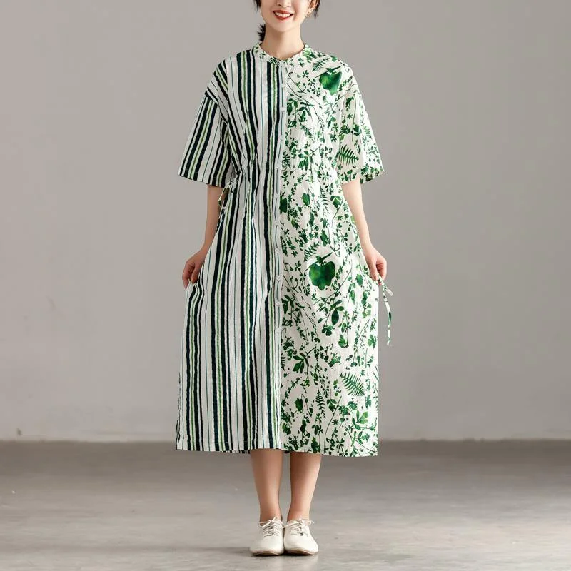 vintage cotton maxi dress plus size Casual Short Sleeve Slit Pockets Pleated Green Dress Elegant Maxi Dress with Lace