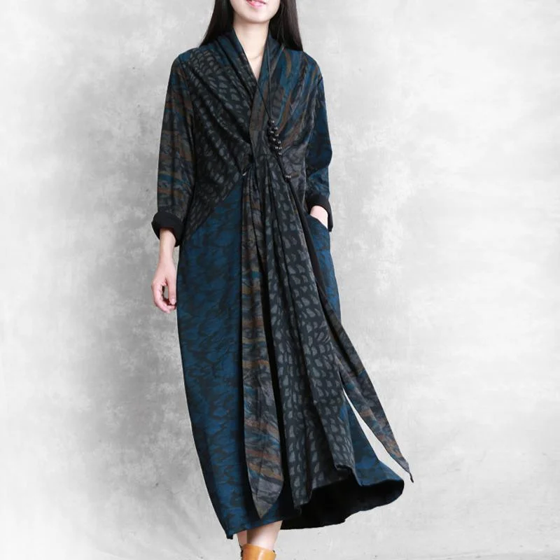 Vivid v neck asymmetric pockets cotton clothes blue print Maxi Dresses fall Trendy Maxi Dress with Belt