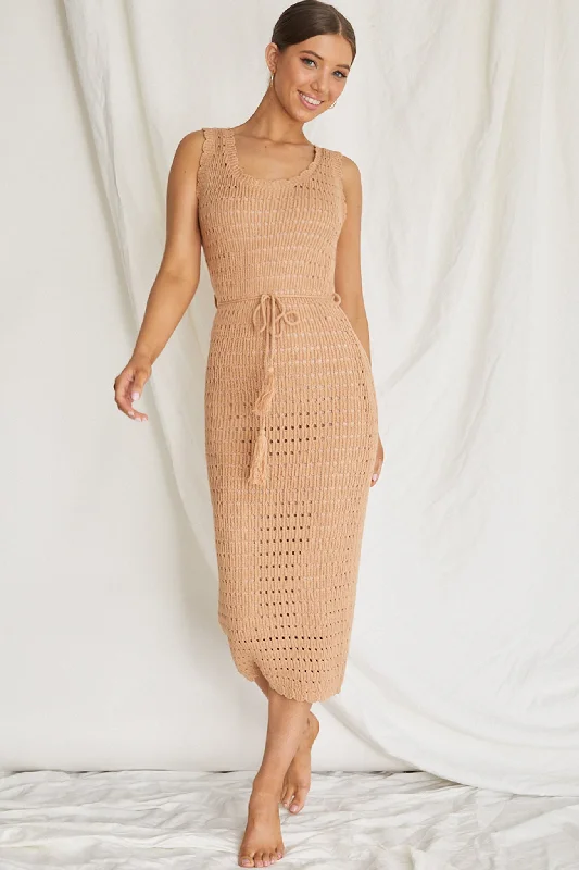 Wander Lust Crochet Midi Dress Mocha Elegant Pleated Sleeve Midi Dress