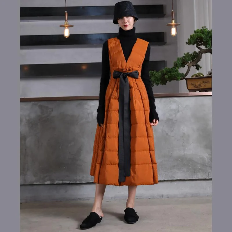 Warm orange goose Down dress Loose fitting v neck snow maxi dress tie waist winter dresses Chic Sleeveless Maxi Dress