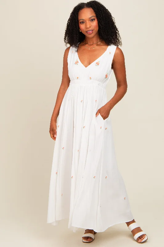 White Floral Embroidered Sleeveless Maxi Dress Fashionable High-Low Maxi Dress