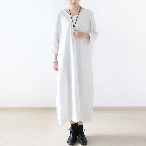 White linen dresses oversize long maxi dress Comfortable Long-Sleeve Maxi Dress