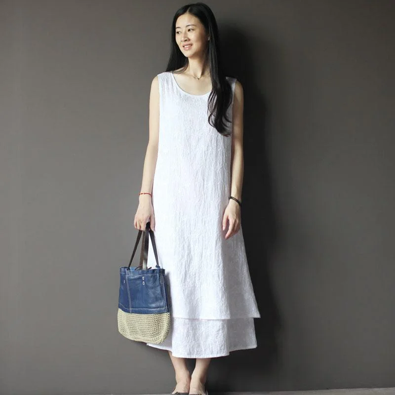 White pure cotton maxi dress layered casual sundress Comfortable Fit-and-Flare Maxi Dress