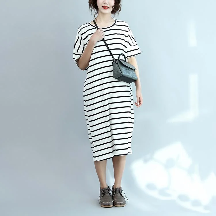 white striped cotton summer casual dresses plus size sundress short sleeve maxi dress Cozy Maxi Dress with Slit