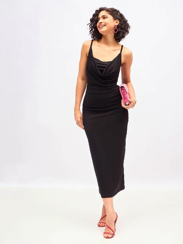 Women Black Cowl Neck Bodycon Maxi Dress Comfortable Bohemian Maxi Dress