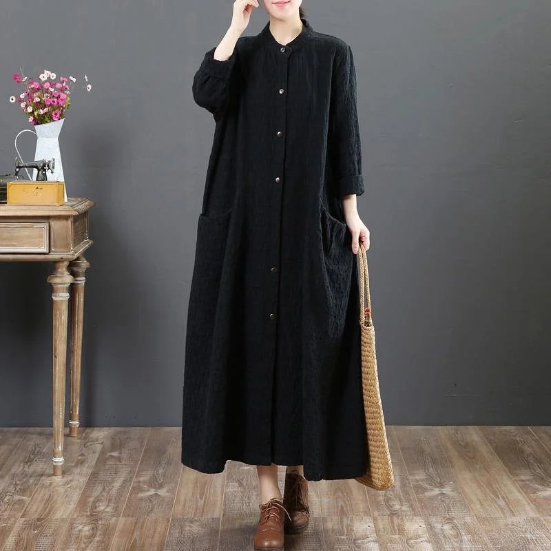 women black linen maxi dresses plus size casual shirt dress long sleeve o neck pockets clothing Comfortable Pleated Maxi Dress