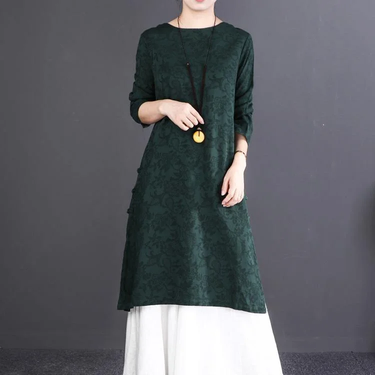 women blackish green linen dresses oversize O neck side open traveling dress Fine long sleeve maxi dresses Fashionable High-Waist Maxi Dress