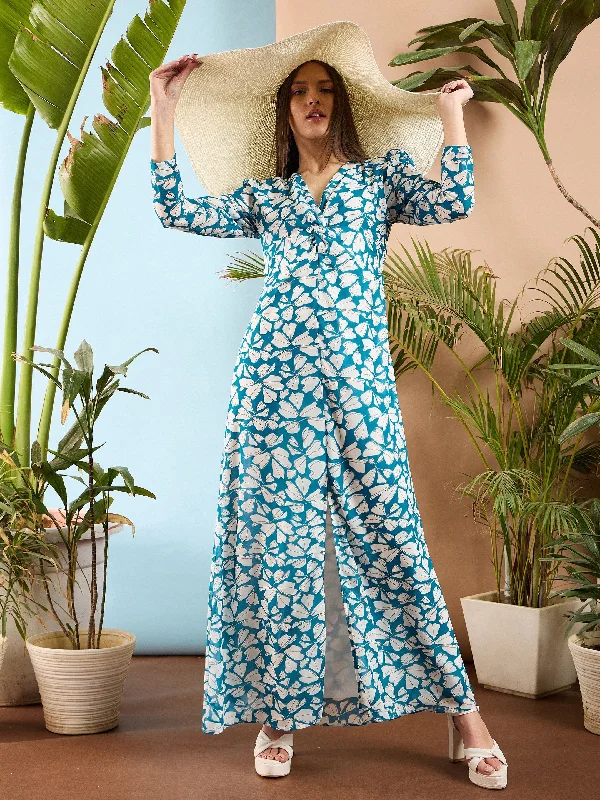 Women Blue Floral Front Twisted Maxi Dress Trendy V-Neck Maxi Dress