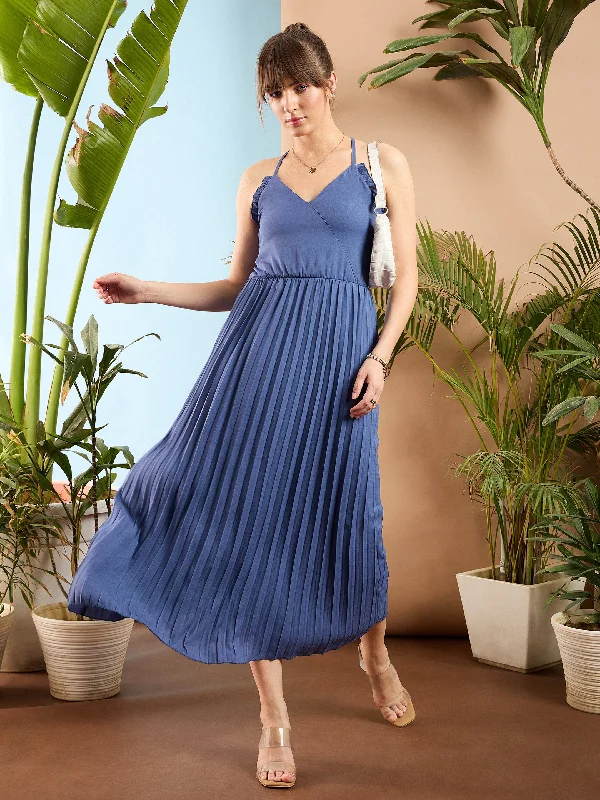 Women Blue Strappy Pleated Maxi Dress Stylish Long Sleeve Maxi Dress