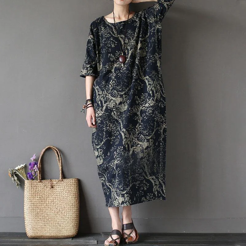 Women Cotton Maxi Dress Oversized Cotton Linen Printed Loose Half Sleeve Dress Elegant Lace Maxi Dress