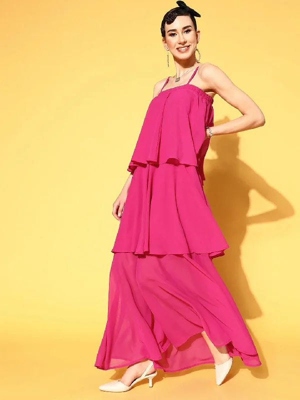 Women Fuchsia Strappy Layered Maxi Dress Fashionable Chiffon Tiered Maxi Dress