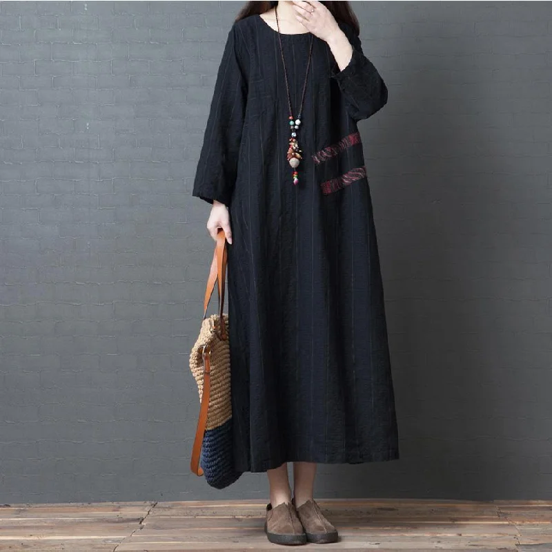 Women long sleeve cotton clothes Plus Size Outfits black Maxi Dress o neck Trendy A-Line Maxi Dress