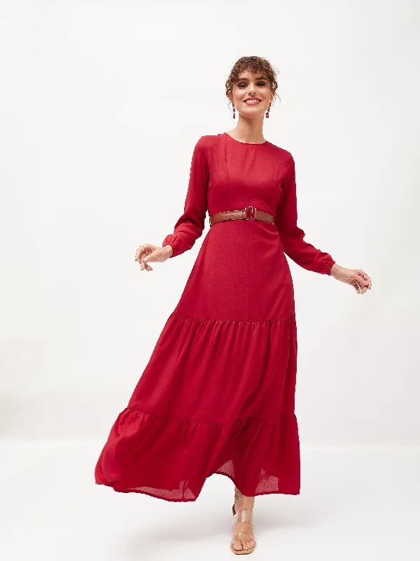 Women Maroon Belted Tiered Maxi Dress Elegant Tiered Maxi Dress