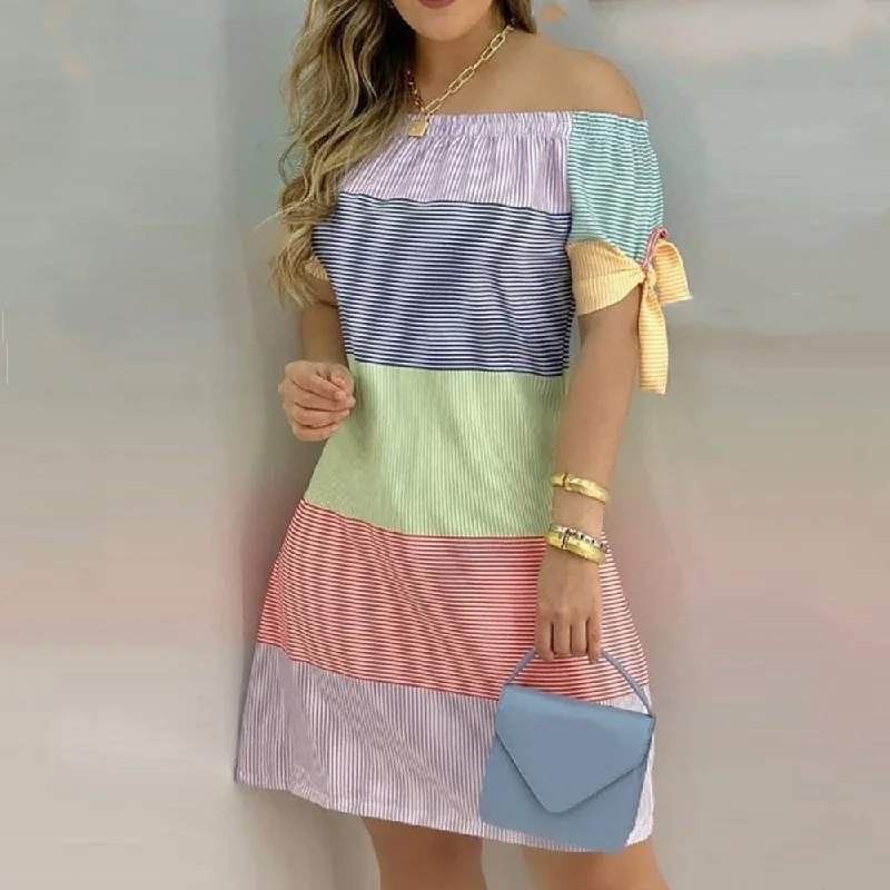 FashionSierra - Women Off Shoulder Summer Mini Dress Short Sleeve Bow Tie Striped Plaid Floral Vestidos Stylish Ribbed Mini Dress