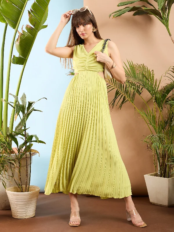 Women Pale Yellow Waist Cut Out Pleated Maxi Dress Chic Summer Maxi Dress