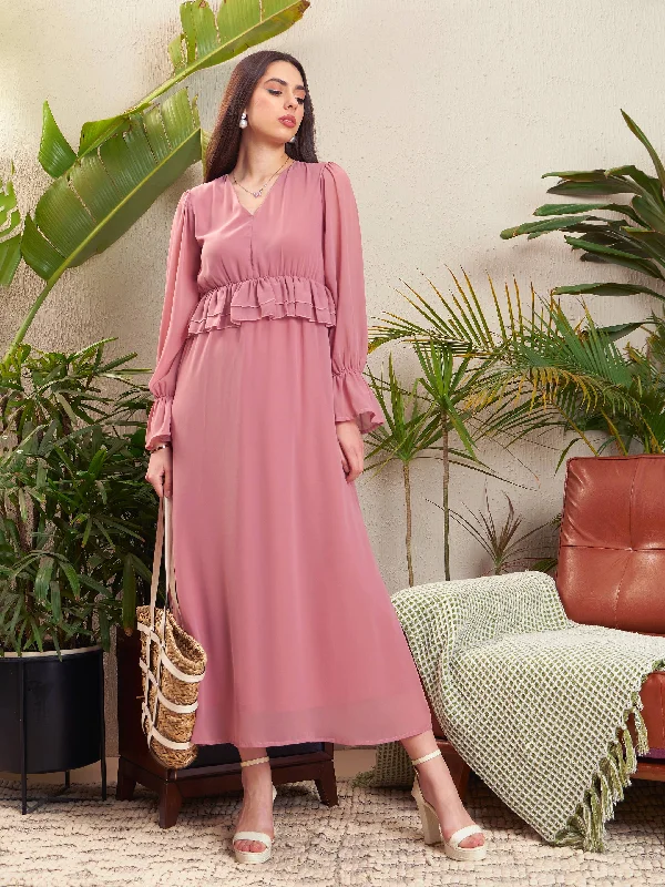 Women Pink Peplum Maxi Dress Comfortable Casual Maxi Dress